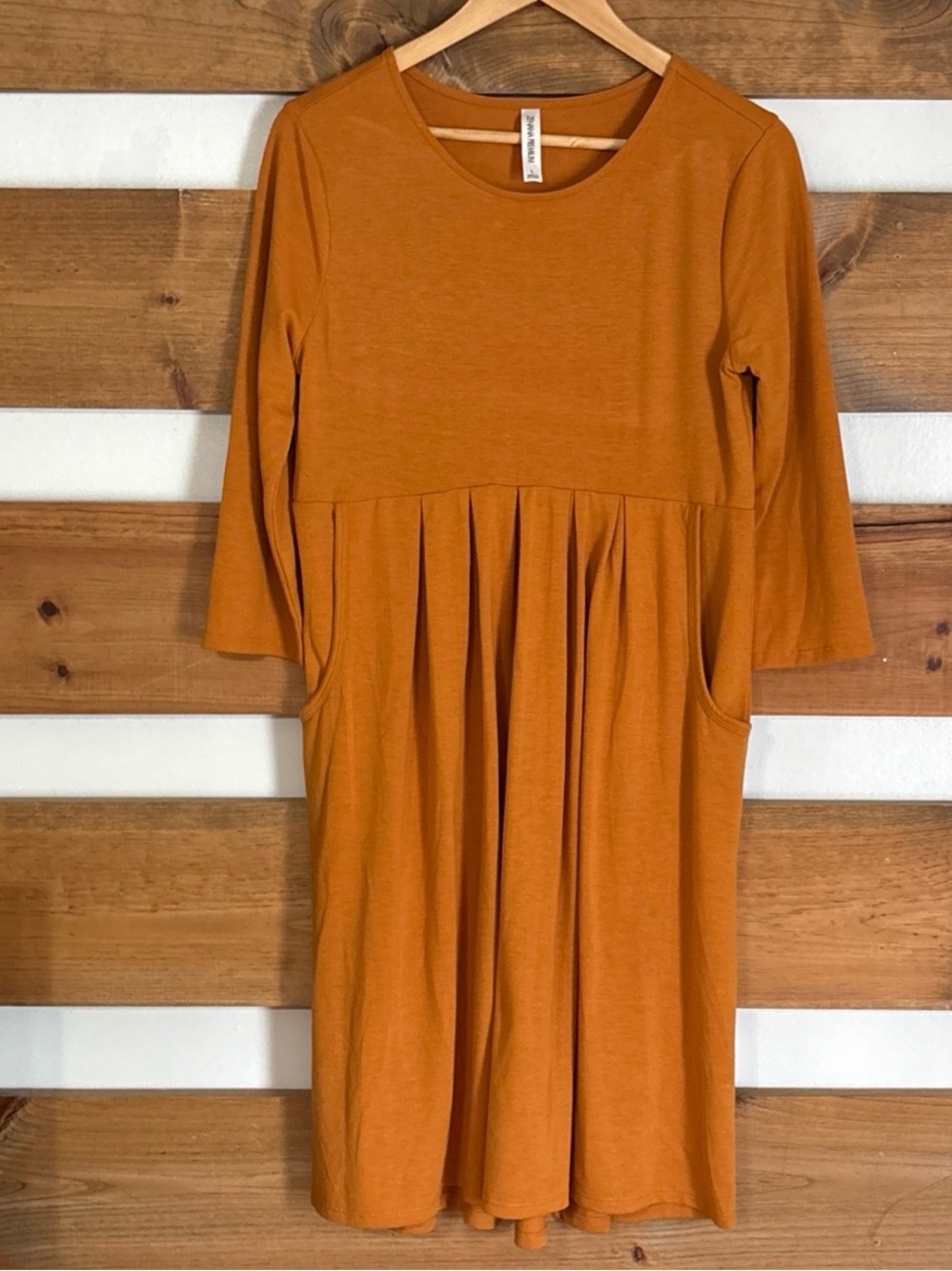 Zenana Premium Golden Yellow Knee Length 3/4 Sleeve Dress Pockets Size L